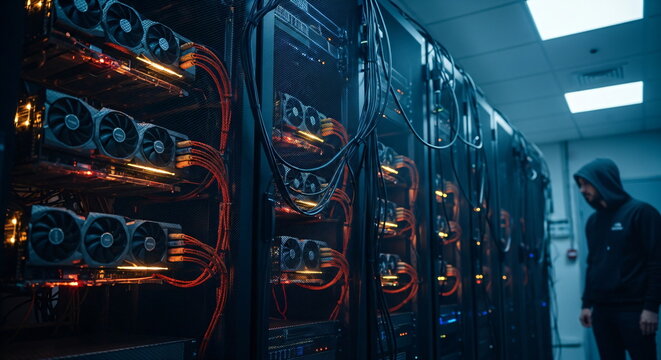 Man in hoodie inspecting server racks, a cryptocurrency mining farm. Blockchain technology and data center infrastructure. Crypto mining concept. - Powered by Adobe
