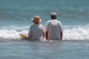 A senior couple stands in the ocean waves with a surfboard, facing the horizon. A serene retirement scene.