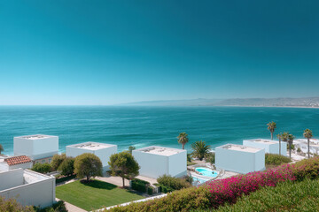 Obraz premium Seaside Resort Vista: Serene beachfront property with modern architecture, lush greenery, and the tranquil ocean expanse under a clear sky.