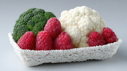 Fresh vegetables and fruit in a woven basket.