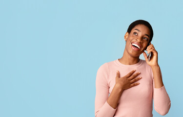 Mobile Call. Portrait Of Happy African American Woman Talking On Cellphone, Joyful Black Female...