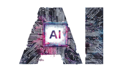 Artistic AI typography with a watercolor circuit board pattern distressed edges and a central microchip element.