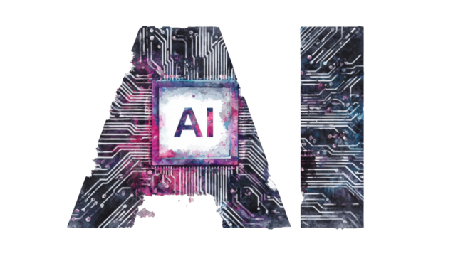 Artistic AI typography with a watercolor circuit board pattern distressed edges and a central microchip element. - Powered by Adobe
