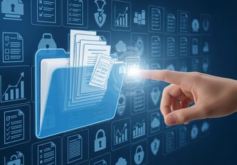 A close-up of a hand interacting with a digital file folder, representing data management and security concepts.