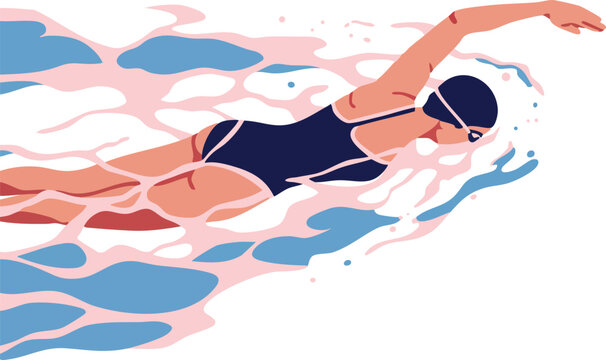 Female swimmer in navy blue swimsuit swimming freestyle in water with pink and blue reflections vector illustration