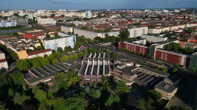 abandoned indoor swimming pool Sez Berlin. Gorgeous aerial view flight drone