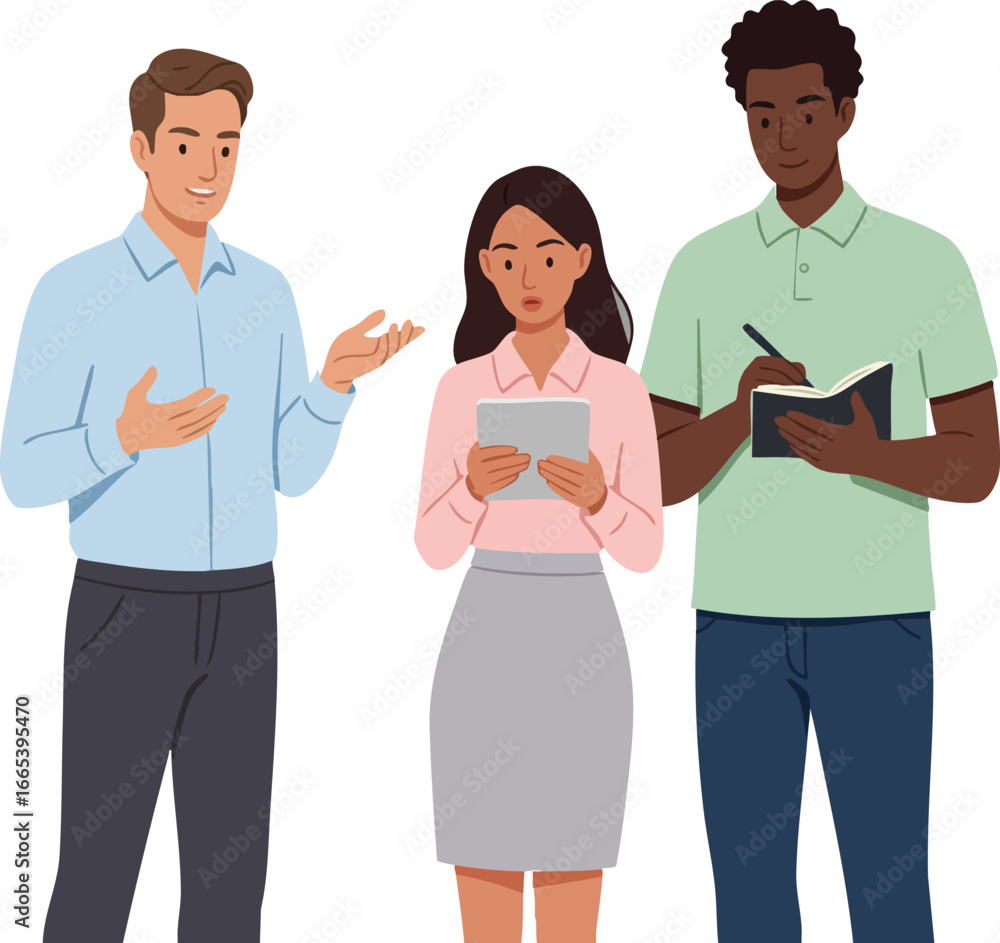 Poster diverse business team discussing project with notes and tablet in office environment vector illustra