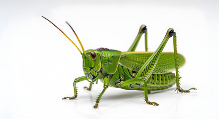 Fototapeta premium Close-up studio shot of a green grasshopper on a white background