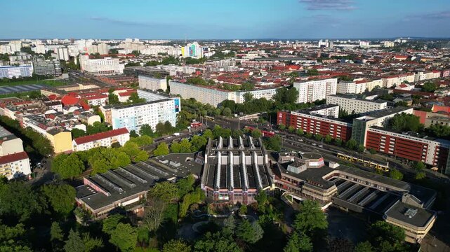 abandoned indoor swimming pool Sez Berlin. Amazing aerial view flight drone