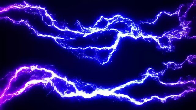 Vivid electric blue and purple lightning bolts crackle dynamically across a dark background, creating an energetic and mesmerizing visual effect with glowing, intense streaks and dramatic illumination