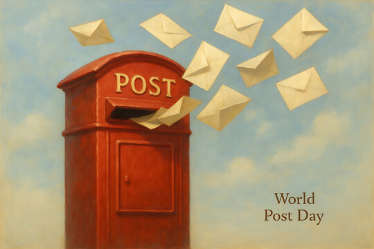 Vintage red postbox with letters flying in the air against blue sky symbolizing communication and world post day celebration