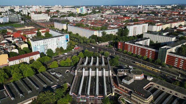 abandoned indoor swimming pool Sez Berlin. Smooth aerial view flight drone