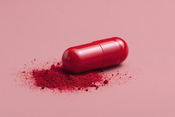 Encapsulated Remedy: A red capsule lays on spilled contents against a soft pink backdrop, symbolizing health and supplement components.