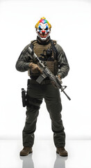 Fototapeta premium Studio portrait of a clown-masked bank robber in tactical gear on white background