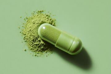 Green Supplement Capsule: A single green capsule with powdered contents spilled onto a matching surface, blending health and wellness