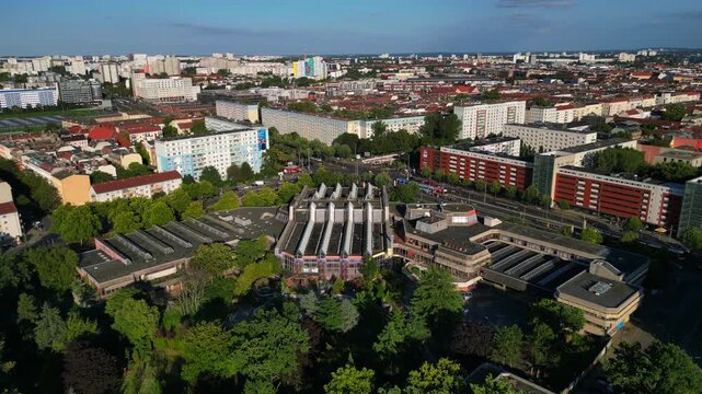 abandoned indoor swimming pool Sez Berlin. Fantastic aerial view flight drone