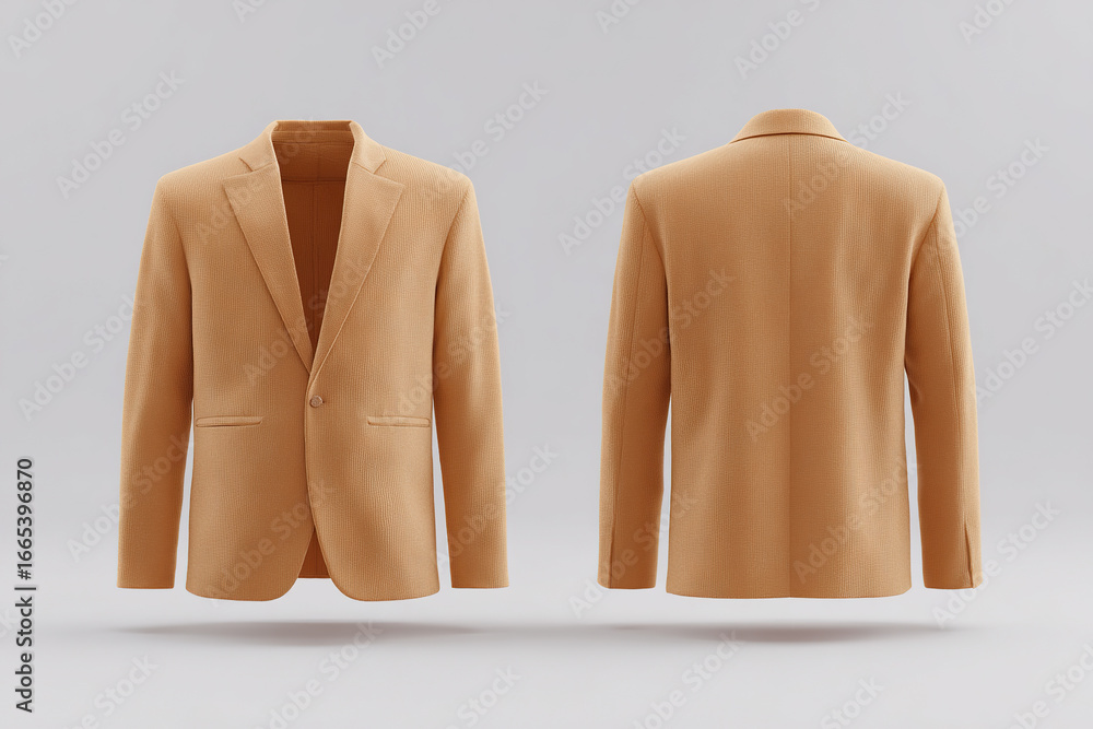 Poster tan blazer displayed from the front and back on a plain background. the blazer is a classic, single-