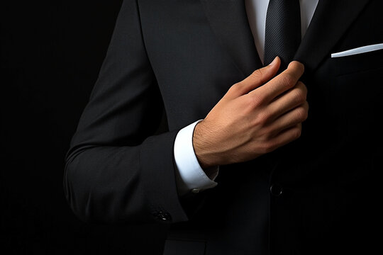 Elegant Man in Tailored Black Suit Adjusting Lapel with Sophisticated Hand, Dramatic Low-Key Lighting. - Powered by Adobe
