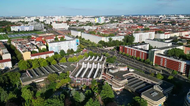 abandoned indoor swimming pool Sez Berlin. Best aerial view flight drone