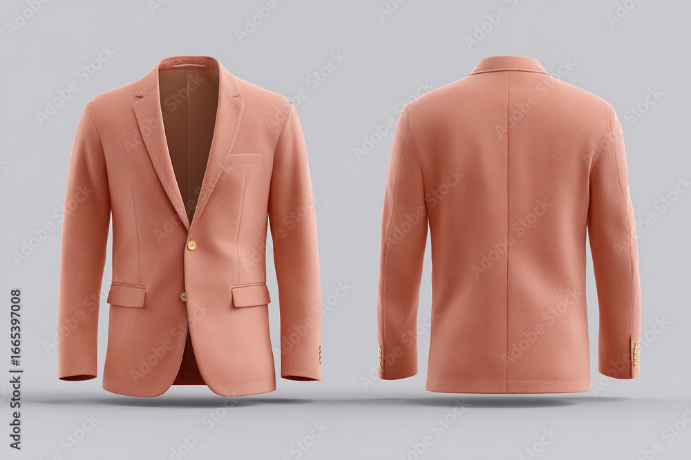 Poster classic peach blazer with a notched lapel and front button closure, showcased in both front and back
