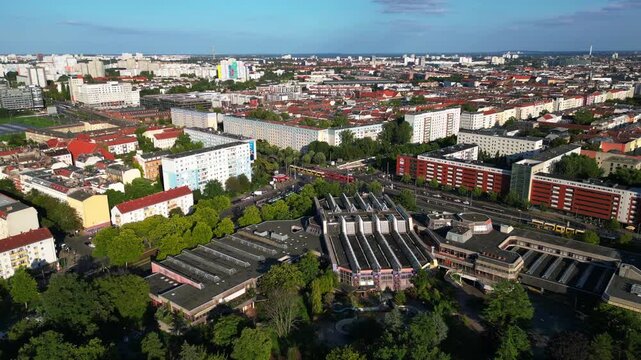 abandoned indoor swimming pool Sez Berlin. Perfect aerial view flight drone