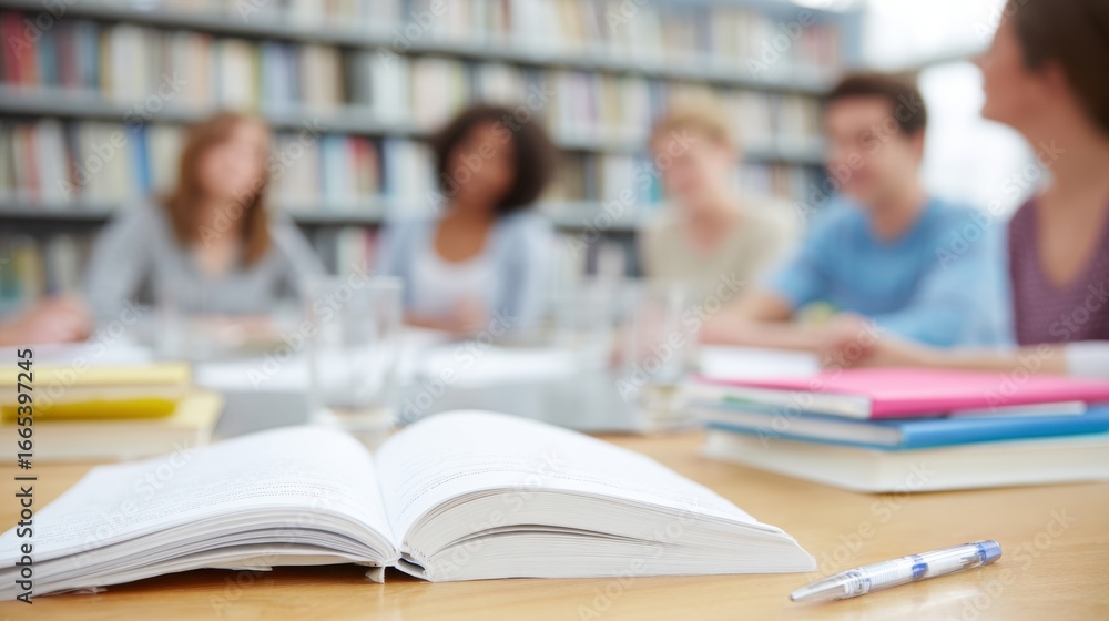 Poster group of students engaging in discussion around a table in a library filled with books during study 