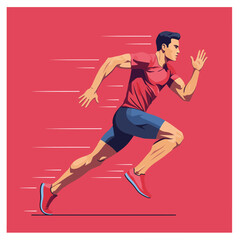 Dynamic flat vector illustration of a muscular male athlete sprinting in red and blue sportswear.