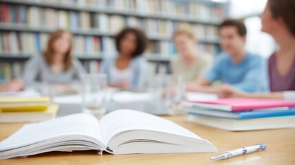 Group of Students Engaging in Discussion Around a Table in a Library Filled With Books During Study Session