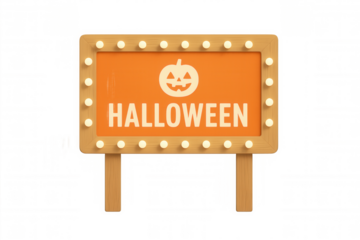 Halloween lightbox sign with carved pumpkin, glowing orange backdrop, showcasing festive seasonal greeting against transparent surface