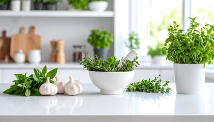 Fresh Herbs  Garlic in Kitchen.
