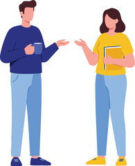 Fototapeta premium Young man and woman in casual clothes having conversation and holding cup and book vector illustration 