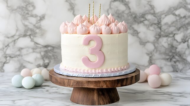 Delicious Third Birthday Cake with Pink Frosting and Number Three