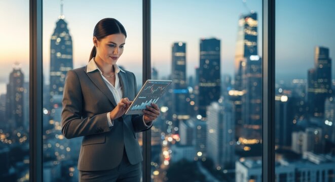 Businesswoman analyzing financial data on tablet in modern office skyscraper view - Powered by Adobe