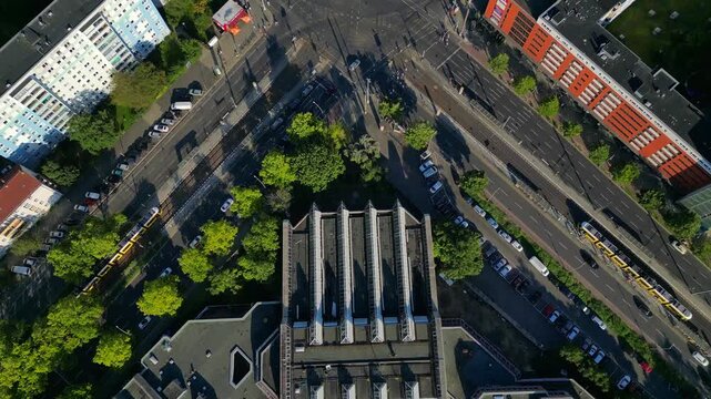 abandoned indoor swimming pool Sez Berlin. Unique aerial view flight drone