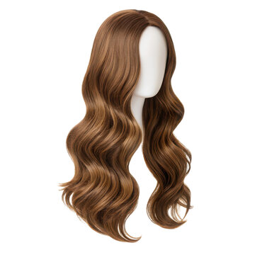 Long wavy brown wig on mannequin head isolated on transparent background