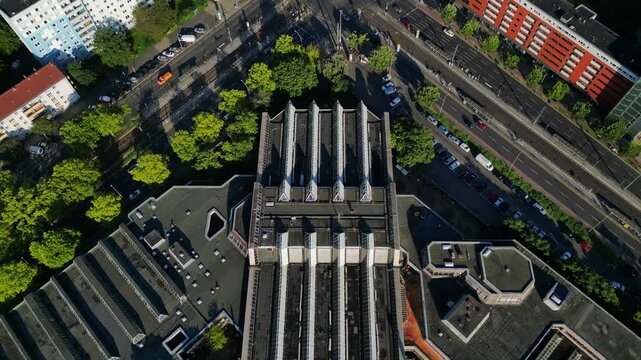 abandoned indoor swimming pool Sez Berlin. Lovely aerial view flight drone