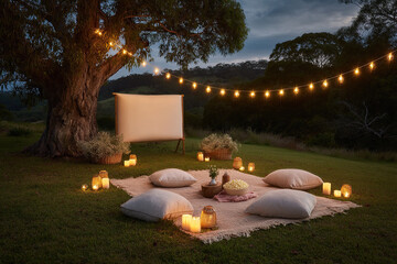 Cozy outdoor movie night setup under a tree with string lights, creating a magical atmosphere. Perfect for a relaxing evening.