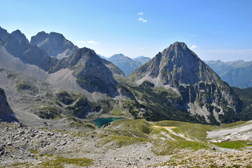 Sunny alpine scenery of the Austrian Alps, Mieming Range. Rugged peaks, natural beauty, and pristine mountain air.