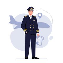 Professional airline pilot in a dark blue uniform with gold insignia, holding a flight map.