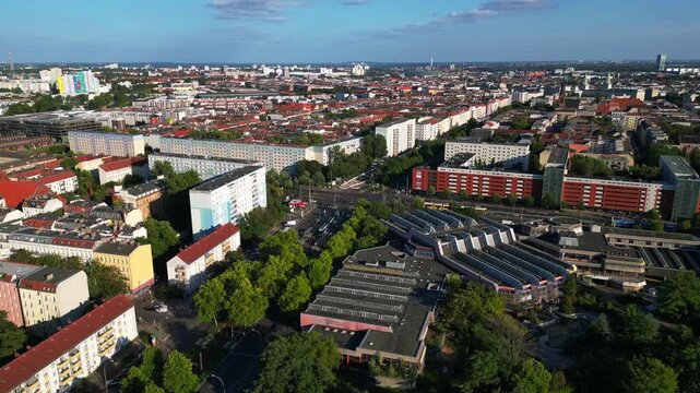 abandoned indoor swimming pool Sez Berlin. Dramatic aerial view flight drone