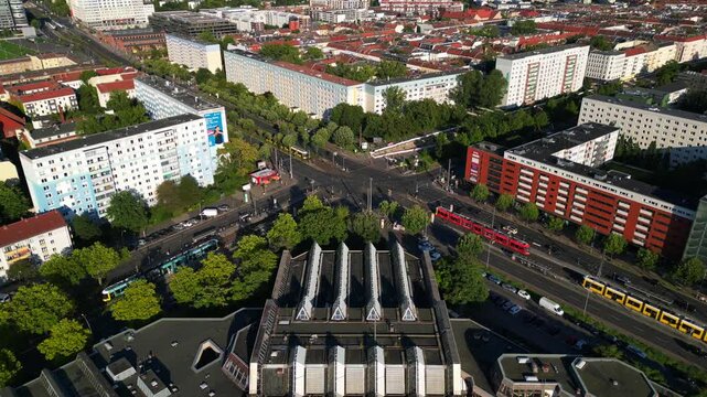 abandoned indoor swimming pool Sez Berlin. Nice aerial view flight drone