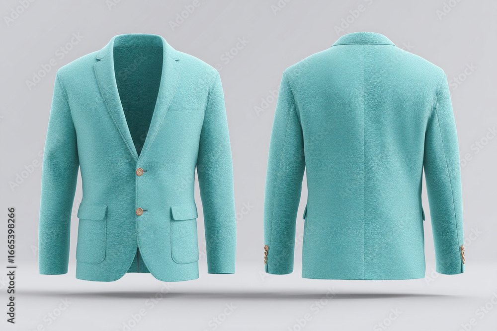 Poster a stylish light-blue jacket displayed from the front and back showing its design and texture against