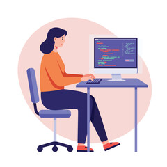 Young female programmer with dark hair in an orange sweater coding at her desk, a flat vector illustration.