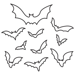 Set of black bat silhouettes in various flying poses isolated on a white background, perfect for Halloween or spooky designs.