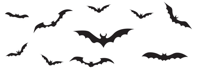 Set of black bat silhouettes in various flying poses isolated on a white background, perfect for Halloween or spooky designs.