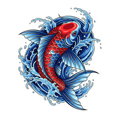 A vibrant japanese koi fish swimming through stylized blue water waves, symbolizing luck and strength, isolated on a transparent background for artistic designs