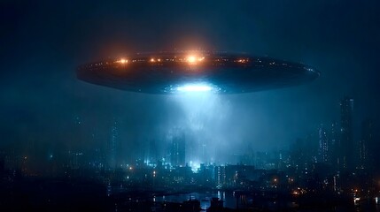 Huge ufo flying over futuristic city at night with eerie light beam
