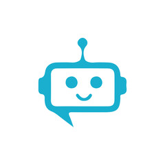Smiling chatbot icon in blue speech bubble design for ai and online support