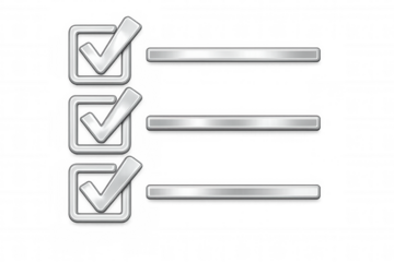 Metallic checkmarks filling geometric boxes, representing completed work goals on transparent surface, signaling professional success