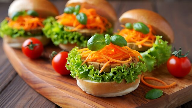Delicious and Fresh Vegan Burgers with Shredded Carrots Lettuce and Basil Presented on a Wooden Board Perfect for Healthy Eating Concepts and Culinary Photography